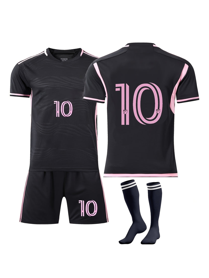 3pcs Girls/boys No.10 Print Football Jersey, Breathable T-shirt & Shorts & Socks For Soccer Training And Competition