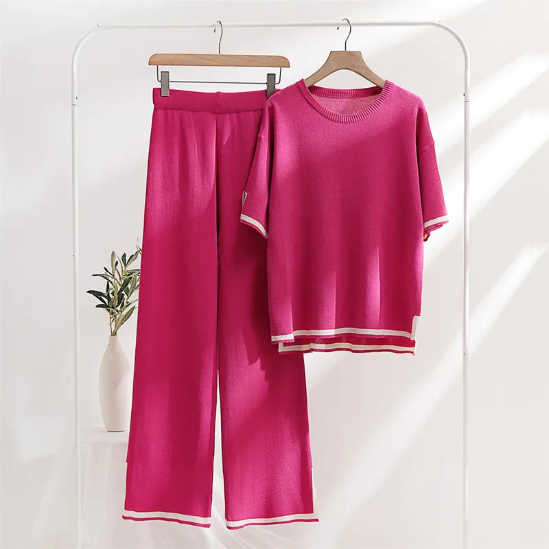 Two Piece Set Elegant Pants Sets Ice Knitted Summer Outfits For Women 2023 Short Sleeve Pajama Suit - Product upscale 