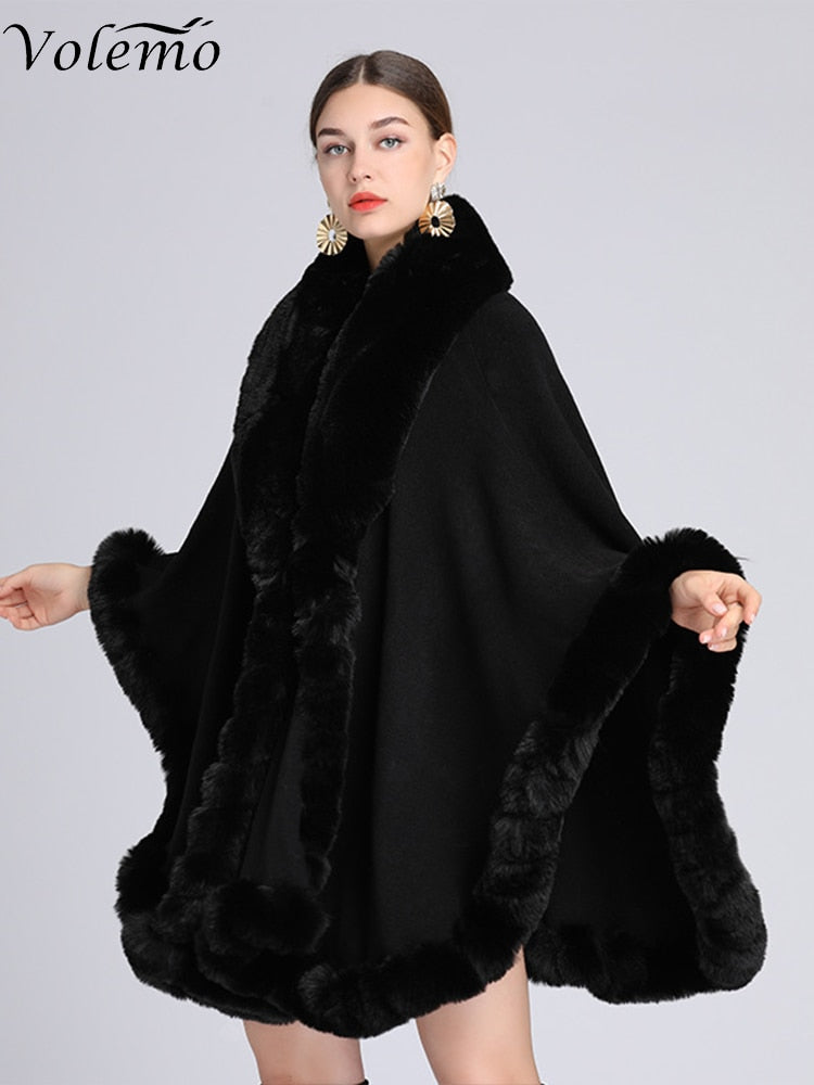 Volemo Winter Elegant V Lapel Faux Rex Rabbit Fur Coat Cape Winter Women Big Long Shawl Full Trim Fur Knit Cloak Overcoat Parka - Product upscale 