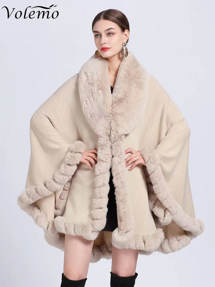 Volemo Winter Elegant V Lapel Faux Rex Rabbit Fur Coat Cape Winter Women Big Long Shawl Full Trim Fur Knit Cloak Overcoat Parka - Product upscale 