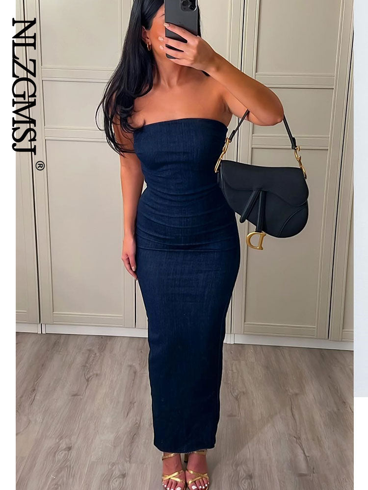 Nlzgmsj Sexy Strapless Backless Zipper Split Dress Party Blue Denim Female Long Dress for Women Clothes Summer Evening Dresses - Product upscale 