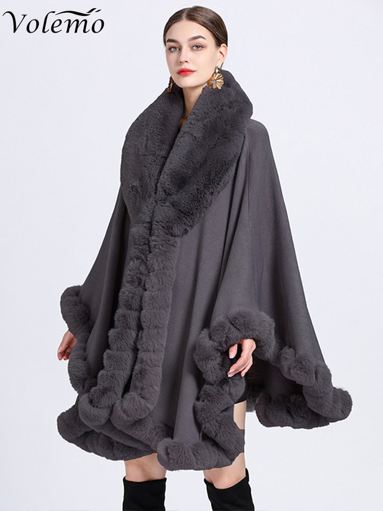 Volemo Winter Elegant V Lapel Faux Rex Rabbit Fur Coat Cape Winter Women Big Long Shawl Full Trim Fur Knit Cloak Overcoat Parka - Product upscale 