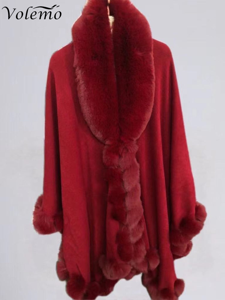 Volemo Winter Elegant V Lapel Faux Rex Rabbit Fur Coat Cape Winter Women Big Long Shawl Full Trim Fur Knit Cloak Overcoat Parka - Product upscale 