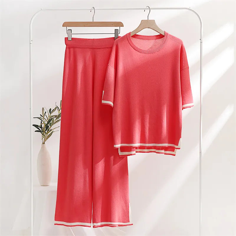 Two Piece Set Elegant Pants Sets Ice Knitted Summer Outfits For Women 2023 Short Sleeve Pajama Suit - Product upscale 