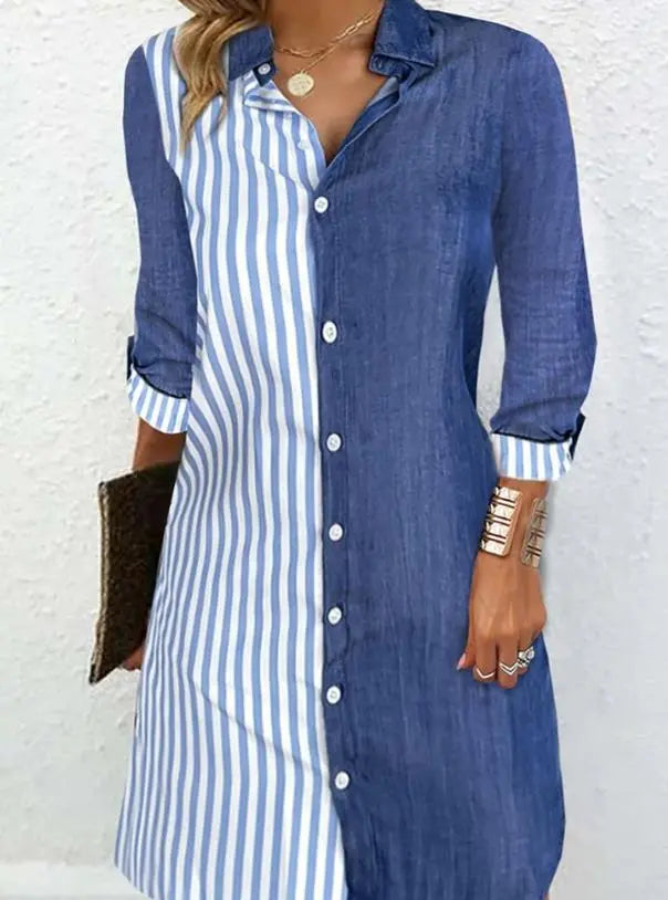 Womens Dresses 2023 Summer Fashion Striped Colorblock Buttoned Casual Turn-Down Collar Long Sleeve Daily Mini A Line Shirt Dress