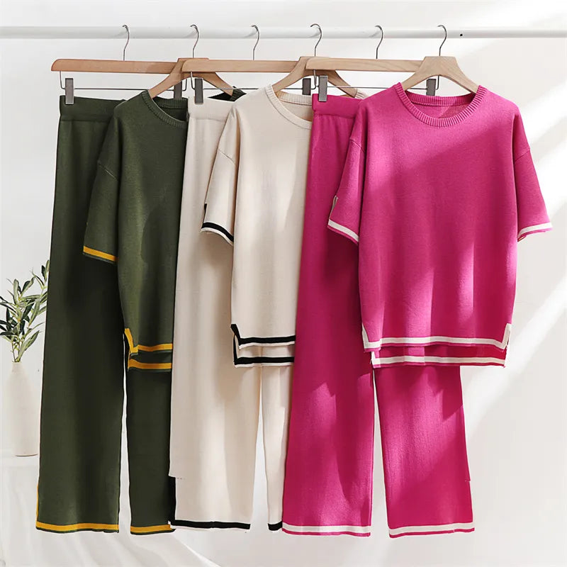 Two Piece Set Elegant Pants Sets Ice Knitted Summer Outfits For Women 2023 Short Sleeve Pajama Suit - Product upscale 