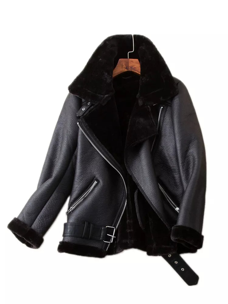Ailegogo Winter Coats Women Thickness Faux Leather Fur Sheepskin Female Fur Leather Jacket Aviator Outwear Casaco Feminino - Product upscale 