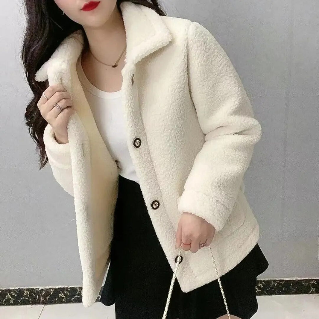 Thicken Warm Faux Lamb Wool Coat 2023 Autumn Winter Loose Long-sleeve Outerwear Solid Women Jacket Parkas Casual Tops - Product upscale 