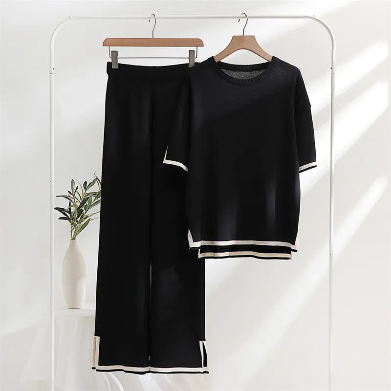 Two Piece Set Elegant Pants Sets Ice Knitted Summer Outfits For Women 2023 Short Sleeve Pajama Suit - Product upscale 