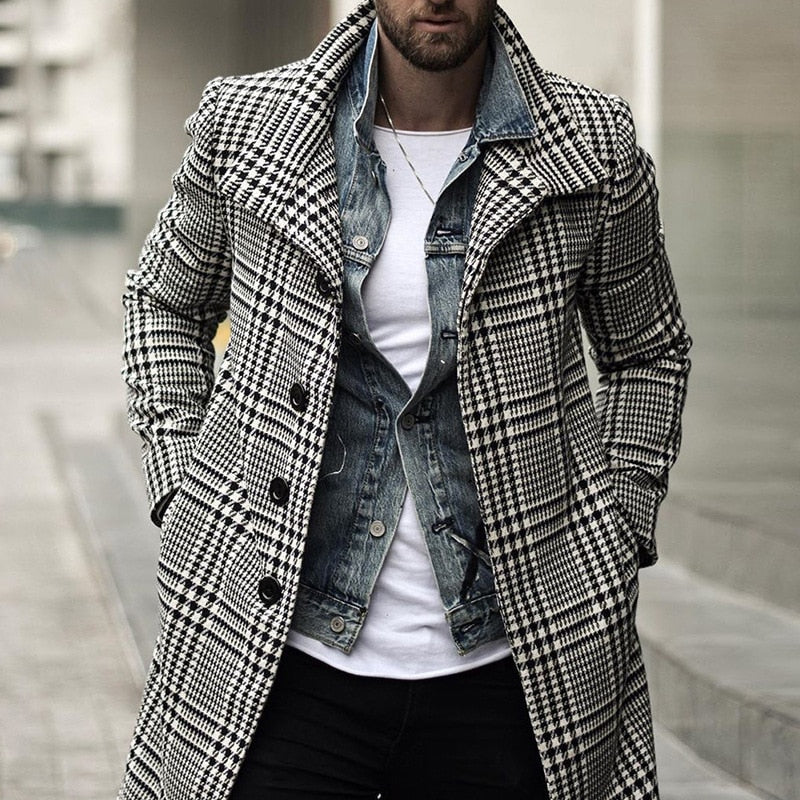 Trendy Brand Fashion Men's Overcoat  Spring and Autumn New European and American Fashion Plaid Lapel Overcoat Mid-Length Coat - Product upscale 