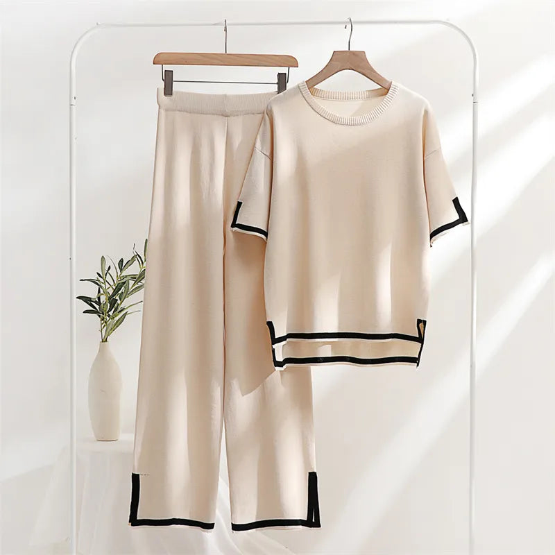 Two Piece Set Elegant Pants Sets Ice Knitted Summer Outfits For Women 2023 Short Sleeve Pajama Suit - Product upscale 