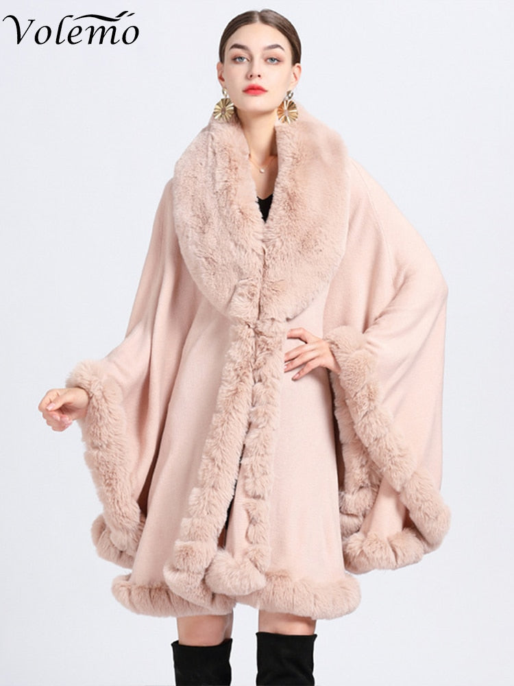Volemo Winter Elegant V Lapel Faux Rex Rabbit Fur Coat Cape Winter Women Big Long Shawl Full Trim Fur Knit Cloak Overcoat Parka - Product upscale 