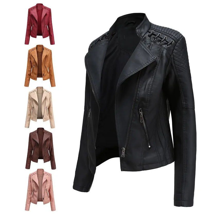 Women Fashion Lace-up Leather Jacket Slim Fit Spring Autumn Motorcycle Zipper Jacket