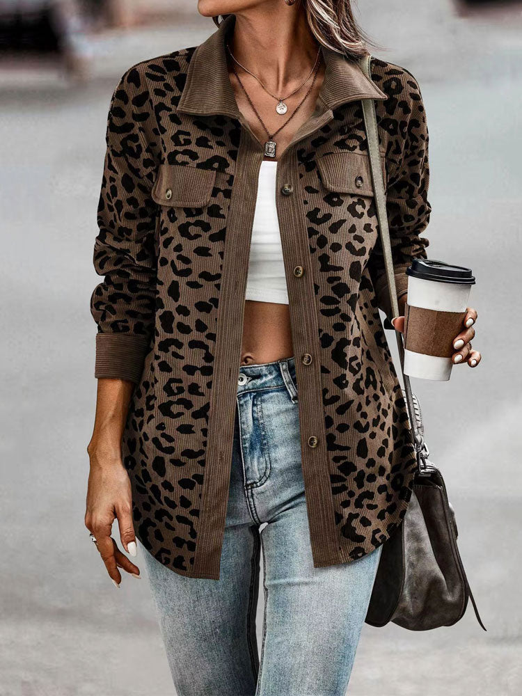 2023 Autumn Leopard Jacket Women Corduroy Jacket Coat Women Overshirt Long Sleeve Winter Loose Shirt Jackets for Women - Product upscale 