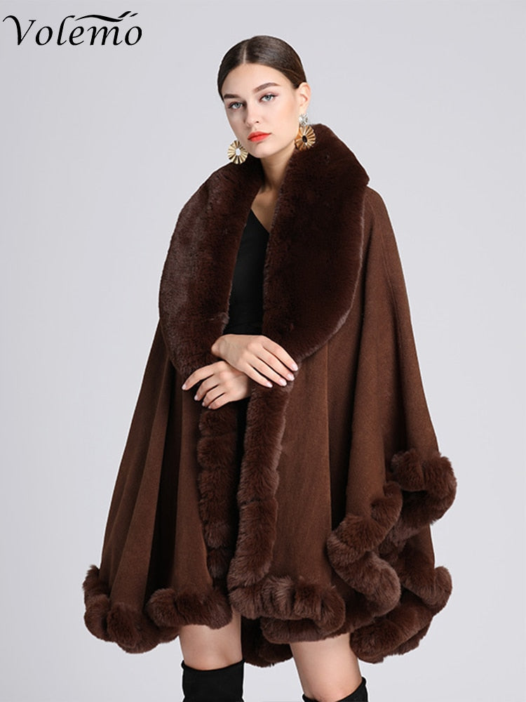 Volemo Winter Elegant V Lapel Faux Rex Rabbit Fur Coat Cape Winter Women Big Long Shawl Full Trim Fur Knit Cloak Overcoat Parka - Product upscale 
