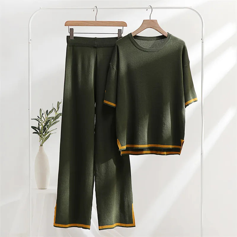 Two Piece Set Elegant Pants Sets Ice Knitted Summer Outfits For Women 2023 Short Sleeve Pajama Suit - Product upscale 