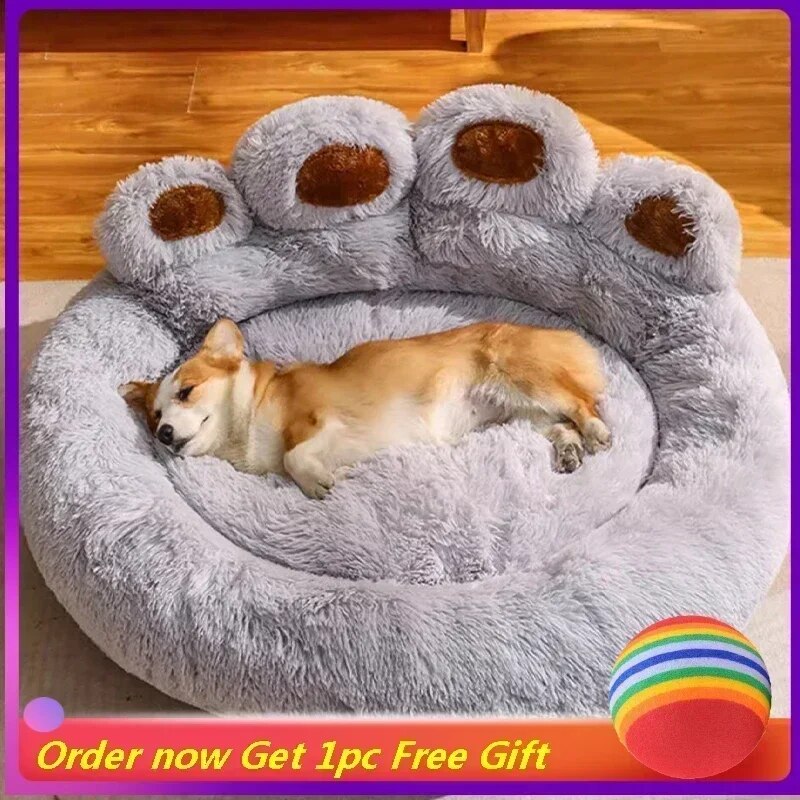 Pet Dog Sofa Beds Winter Warm Mat Bear Paw Shape Basket Puppy Kennel Long Plush Cushion for Medium&Large Dogs Cats Big Supplies