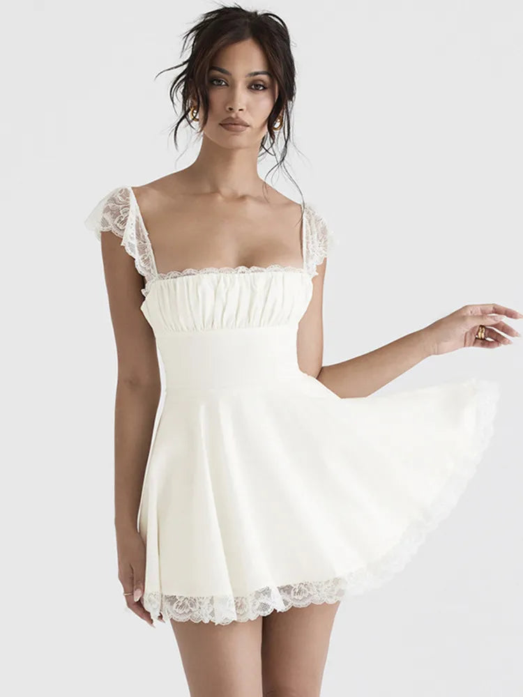 Mozision Elegant White Lace Strap Mini Dress For Women Fashion Sleeveless Backless Loose Sexy Short Dresses Vestido Clubwear - Product upscale 