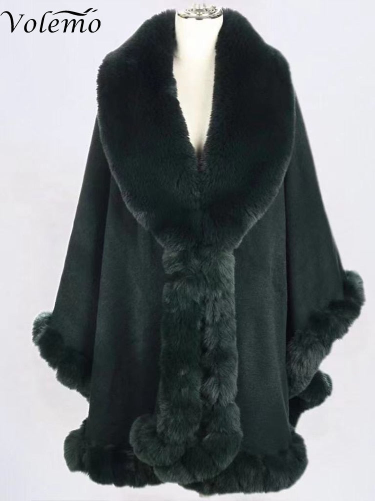 Volemo Winter Elegant V Lapel Faux Rex Rabbit Fur Coat Cape Winter Women Big Long Shawl Full Trim Fur Knit Cloak Overcoat Parka - Product upscale 