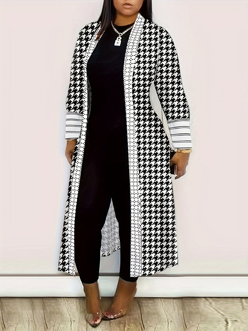 Geometric Print Cardigan, Casual Long Sleeve Open Front Long Cardigan, Women's Clothing