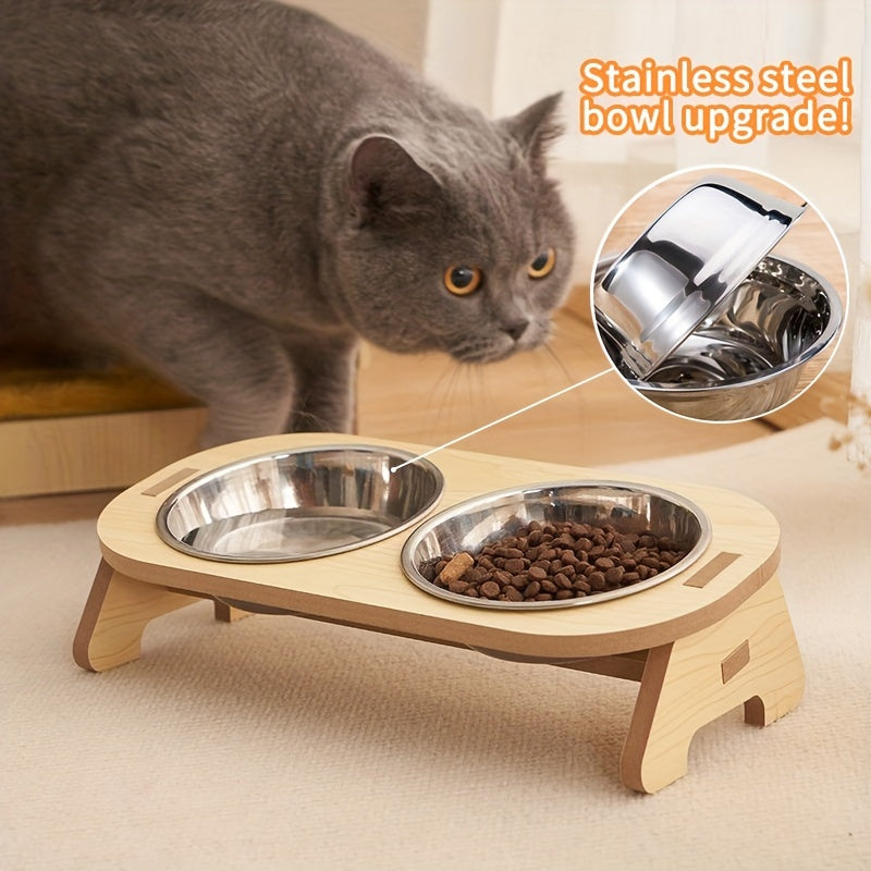 Elevated Cat Inclined Food Bowl Water Bowl With Wooden Stand For Cervical Spine Protection, Detachable Stainless Steel Pet Feeding Basin For Cats