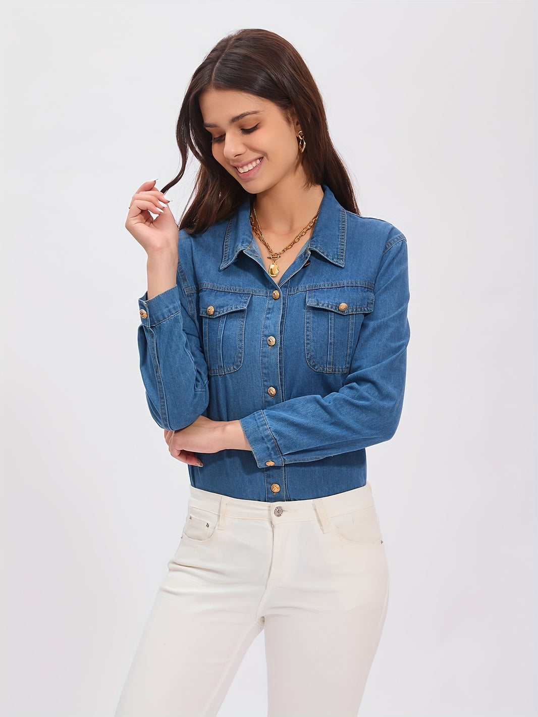 Flap Pocket Button Up Denim Polo Shirts, Long Sleeve Versatile Denim Tops, Women's Denim Clothing
