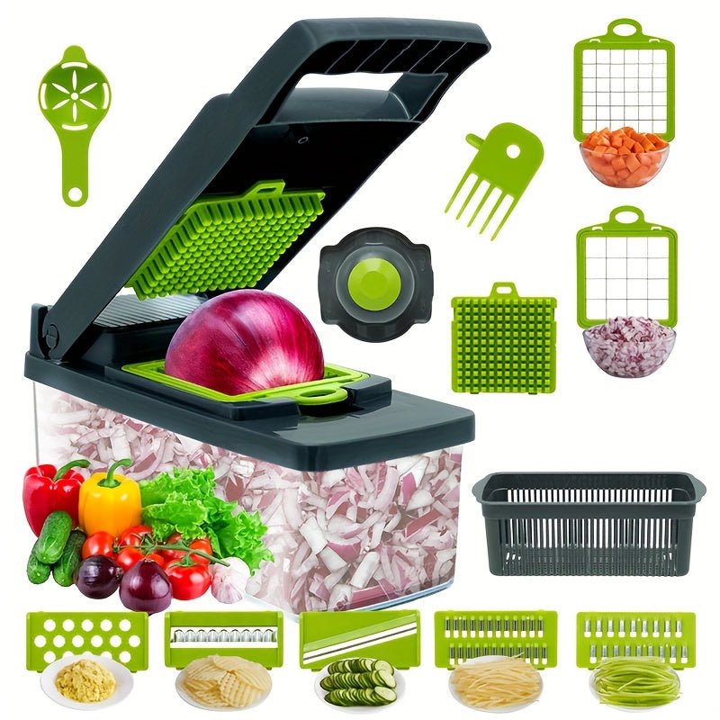 14pcs/Set, Vegetable Chopper, Multifunctional Fruit Slicer, Manual Food Grater, Vegetable Slicer, Cutter With Container, Onion Mincer Chopper With Multiple Interchangeable Blades, Household Potato Shredder, Kitchen Stuff, Kitchen Gadgets