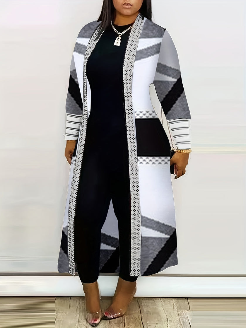 Plus Size Casual Coat, Women's Plus Colorblock Geo Print Long Sleeve Open Front Long Coats
