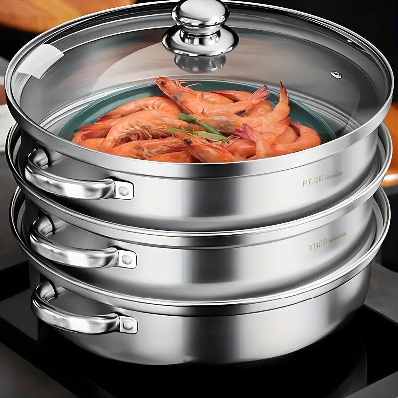 Set, 3 Tier Steamer Pot Set (10.2''), Stainless Steel Stockpot Multifunction Super Thick Steaming Pot Pan Set With Lid , Veggie Steamer, Cookware, Kitchen Accessories, Home Kitchen Tool